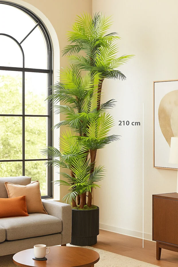 Premium Areka Palmiye Yapay Ağaç 210 cm 7 Gövdeli 63 Yapraklı Antrasit Saksılı Salon Dekoru